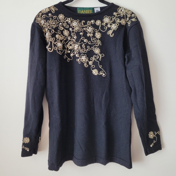 Vintage Danier Pure Virgin Wool Long Sleeve Crew Neck Sweater Black Pearl Gold - Picture 12 of 12